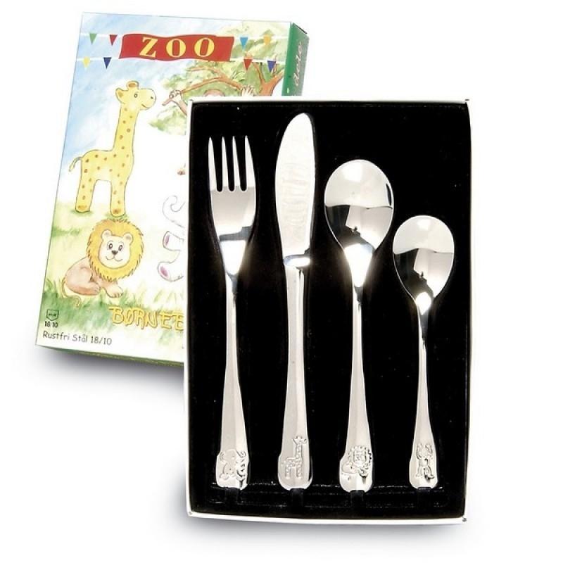 Børnebestik med Zoo Motiv - 4 Dele i Rustfrit Stål