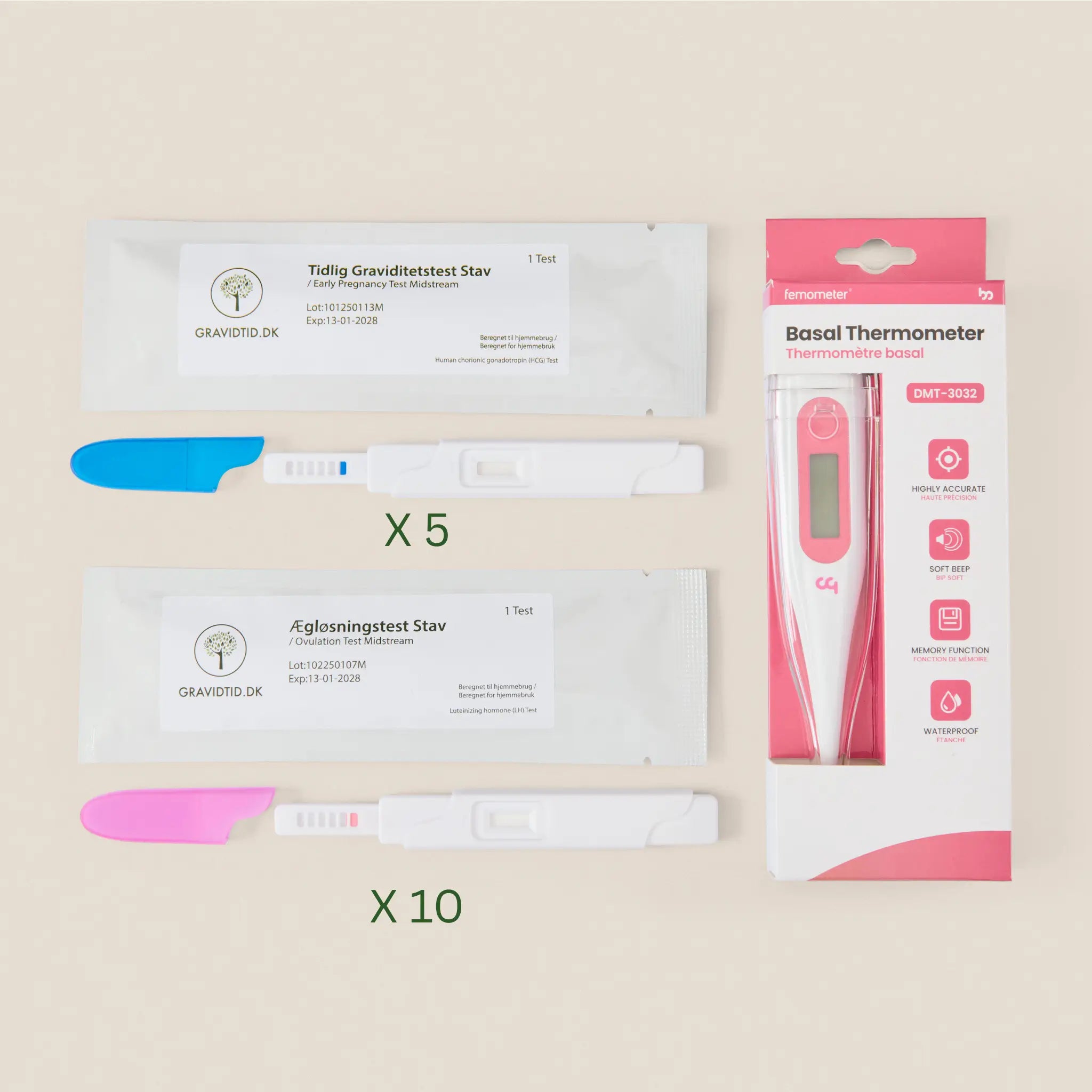 Graviditetstest og Ægløsningstest Sæt - 15 Stk + Termometer