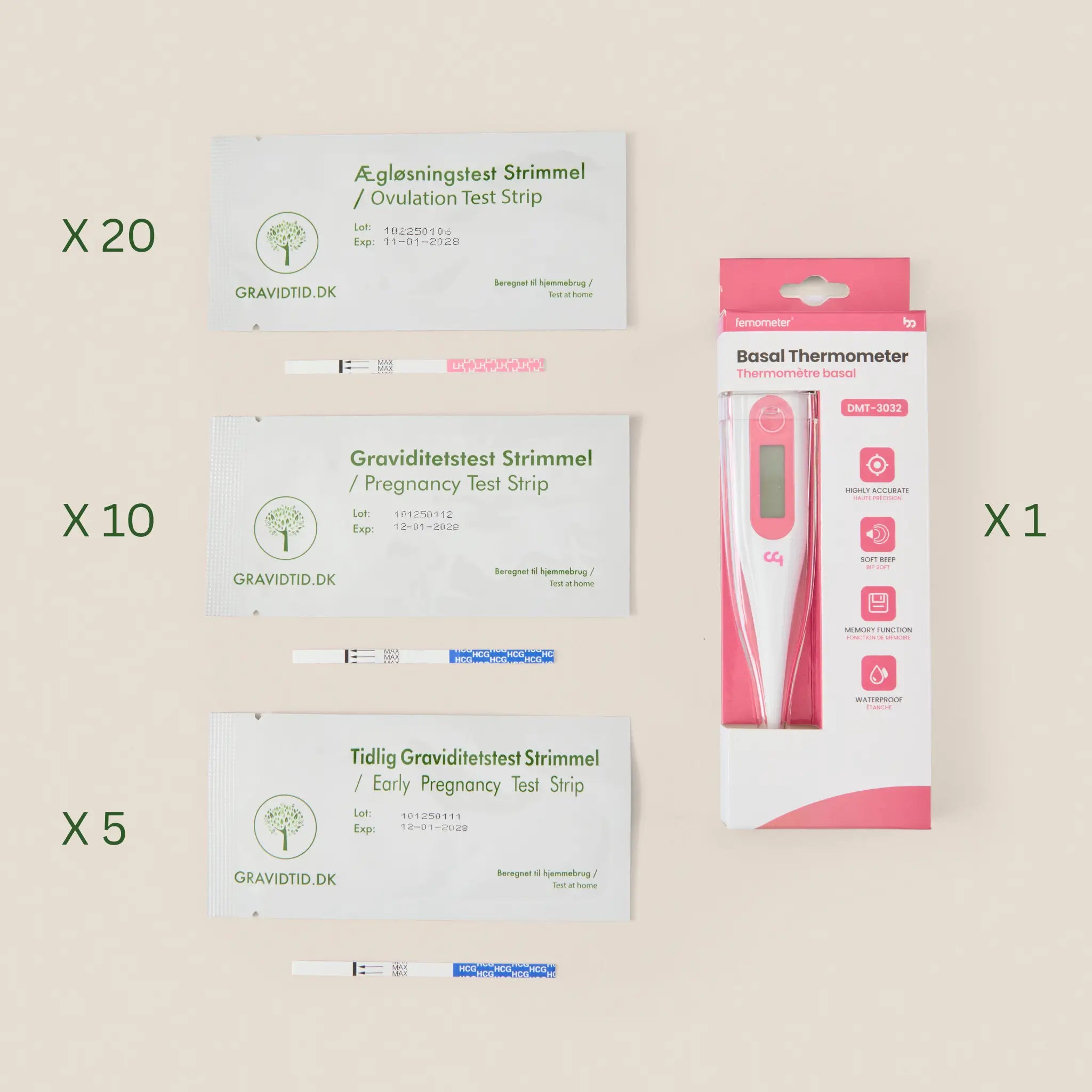 Graviditetstest og ægløsningstest sæt med termometer